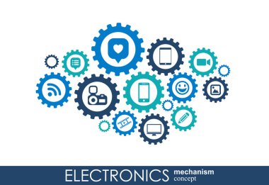 Elektronik mekanizma. Arka plan bağlı ve tümleşik düz simgeler. Bağlı sembolleri Monitor, telefon. Etkileşimli vektör çizim.