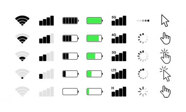 Cep telefonu sistemi simgeleri. Wifi sinyal gücü, pil şarj seviyesi, yükleme, indirme, imleç. Vektör çizimi.