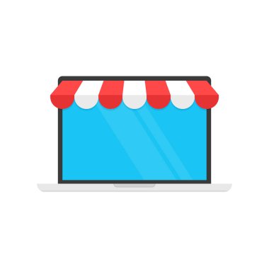Konsept online alışveriş, monitör ve vitrin tente sepeti simgesi. E-ticaret, online alışveriş, e-ticaret, internet pazar kavramları. Düz karikatür tasarımı, arka planda vektör illüstrasyon.