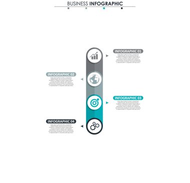 İş verileri, grafik. Grafiğin soyut öğeleri, 4 adımlı diyagram, strateji, seçenekler, parçalar veya süreçler. Sunu için vektör iş şablonu. Bilgi grafiği için yaratıcı konsept.