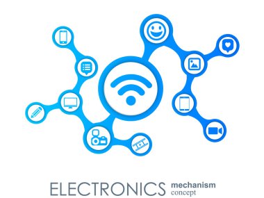 Elektronik mekanizma. Arka plan bağlı ve tümleşik düz simgeler. Bağlı sembolleri Monitor, telefon. Etkileşimli vektör çizim.
