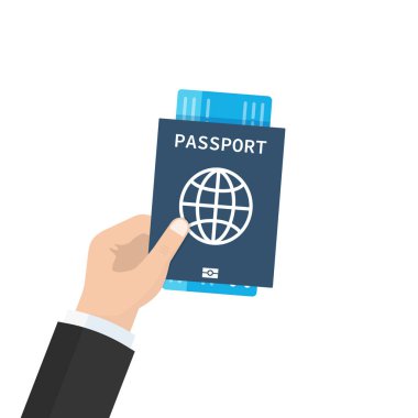 Elinde biletler olan pasaport. Konsept seyahat ve turizm. Seyahat belgeleri. Düz karikatür tasarımı, arka planda vektör illüstrasyon.