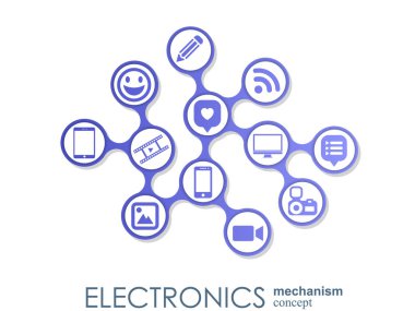Elektronik mekanizma. Arka plan bağlı ve tümleşik düz simgeler. Bağlı sembolleri Monitor, telefon. Etkileşimli vektör çizim.