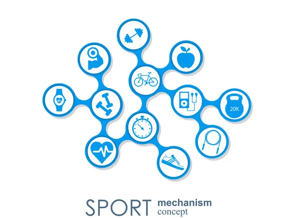 Sport mechanizmus fogalmát. Labdarúgás, kosárlabda, röplabda, labda fogalmak. Absztrakt háttér összekapcsolt objektumokat. Vektoros illusztráció. — Stock Vector