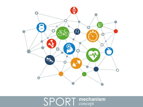 Sportmechanismus-Konzept. Fußball, Basketball, Volleyball, Ballkonzepte. abstrakter Hintergrund mit miteinander verbundenen Objekten. Vektorillustration. — Stockvektor