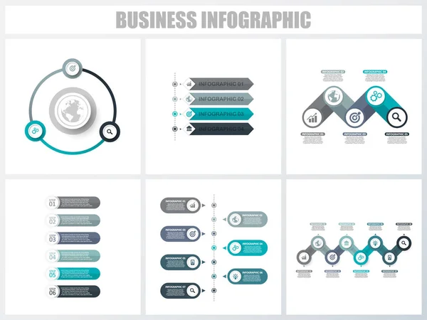 Infográficos abstratos opções de número modelo 3, 4, 5, 6, 7, 8. Ilustração vetorial. Pode ser usado para layout de fluxo de trabalho, diagrama, opções de passo de negócios de estratégia, banner e conjunto de design web . — Vetor de Stock