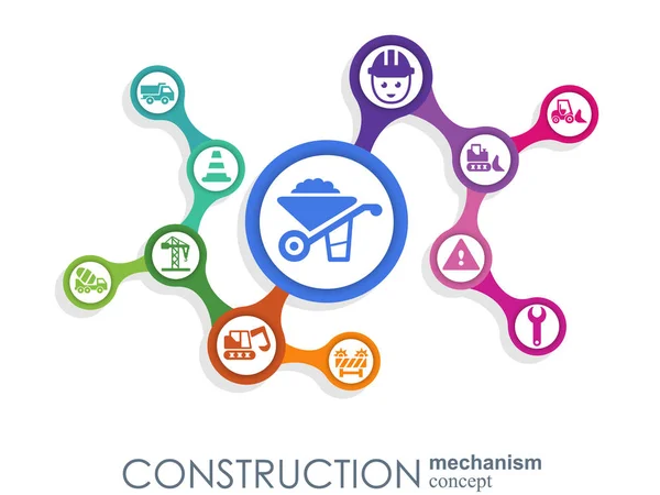 Réseau de construction. Fond abstrait hexagonal avec lignes, polygones et icônes plates intégrées. Symboles connectés pour la construction, l'industrie, l'architecture, les concepts d'ingénierie. Vecteur . — Image vectorielle