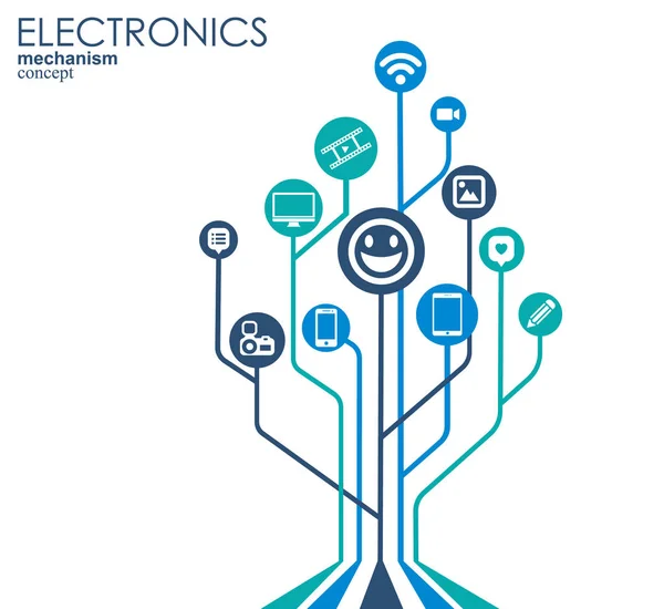 电子机制。与连接的齿轮和综合平面图标的抽象背景。连接的符号为监视器，电话。矢量交互图. — 图库矢量图片