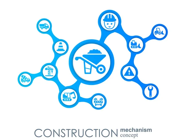 Construction network. Hexagon abstract background with lines, polygons, and integrated flat icons. Connected symbols for build, industry, architectural, engineering concepts. Vector. — Stock Vector