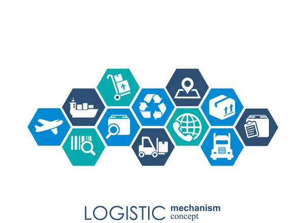 Logistiska mekanism koncept. distribution, leverans, service, frakt, logistik, transport, marknadsföra begrepp. Abstrakt bakgrund med anslutna objekt. Vektorillustration. — Stock vektor