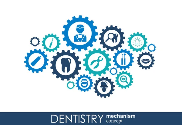 Konzept für Gesundheitsmechanismen. abstrakter Hintergrund mit vernetzten Zahnrädern und Symbolen für Medizin, Gesundheit, Strategie, Pflege, Medizin, Netzwerk, soziale Medien und globale Konzepte. Vektor-Infografik. — Stockvektor