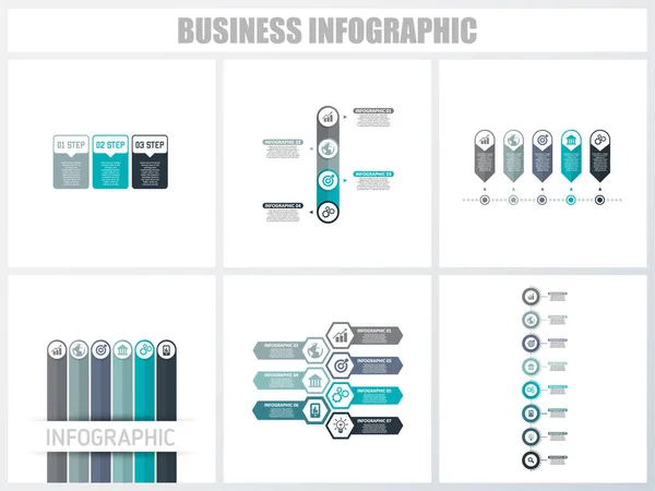 Infográficos abstratos opções de número modelo 3, 4, 5, 6, 7, 8. Ilustração vetorial. Pode ser usado para layout de fluxo de trabalho, diagrama, opções de passo de negócios de estratégia, banner e conjunto de design web . — Vetor de Stock