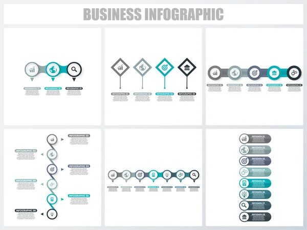 Infografías abstractas número de opciones plantilla 3, 4, 5, 6, 7, 8. Ilustración vectorial. Se puede utilizar para el diseño del flujo de trabajo, diagrama, opciones de pasos de negocio de estrategia, banner y conjunto de diseño web . — Vector de stock