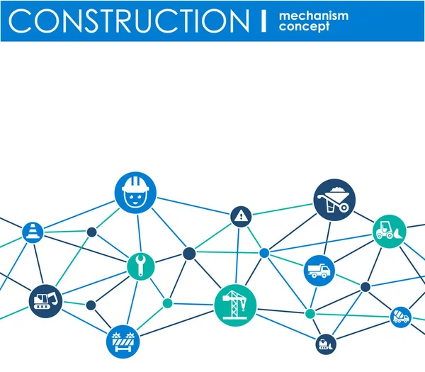 Red de construcción. Fondo abstracto hexágono con líneas, polígonos e iconos planos integrados. Símbolos conectados para conceptos de construcción, industria, arquitectura, ingeniería. Vector . — Archivo Imágenes Vectoriales