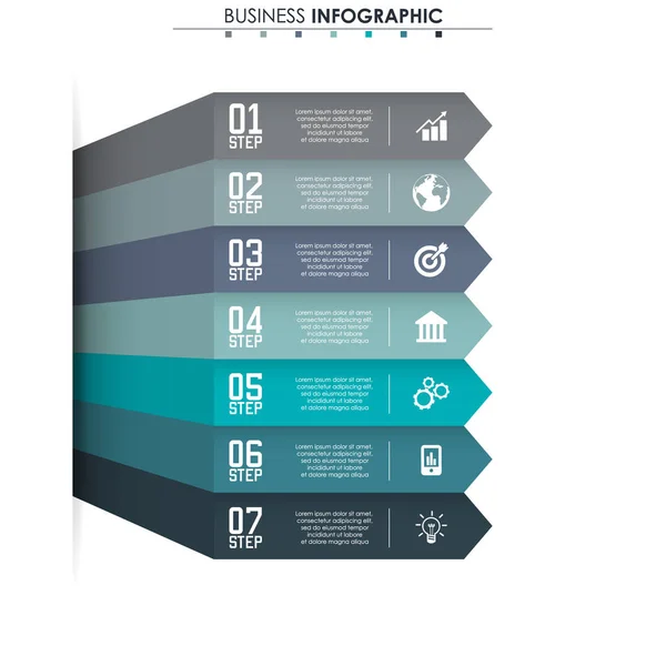 Datos de negocio, gráfico. Elementos abstractos del gráfico, diagrama con 7 pasos, estrategia, opciones, partes o procesos. Plantilla de negocio vectorial para presentación. Concepto creativo para infografía . — Vector de stock