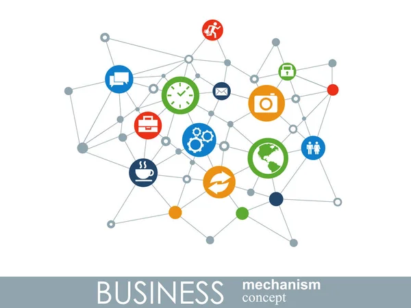 Geschäftsmechanismus-Konzept. abstrakter Hintergrund mit vernetzten Zahnrädern und Symbolen für Strategie, Service, Analytik, Forschung, SEO, digitales Marketing, Kommunikationskonzepte. Vektorinfografische Illustration — Stockvektor