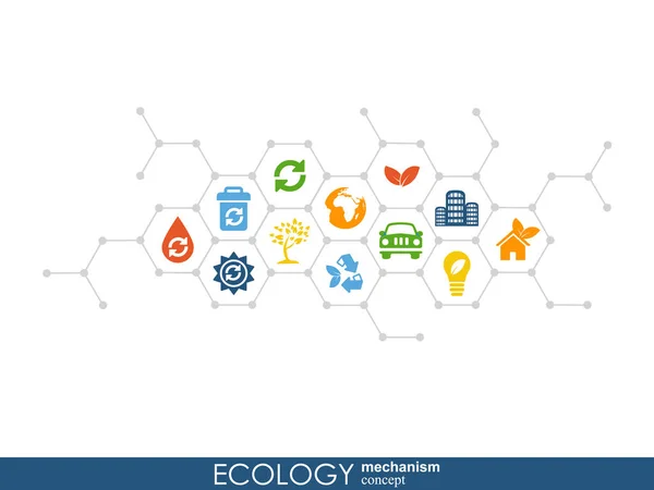 Ekologi mekanism koncept. abstrakt bakgrund med anslutna växlar och ikoner för miljövänlig, energi, miljö, grön, återvinna, bio och globala begrepp. vektor infographic illustration. — Stock vektor
