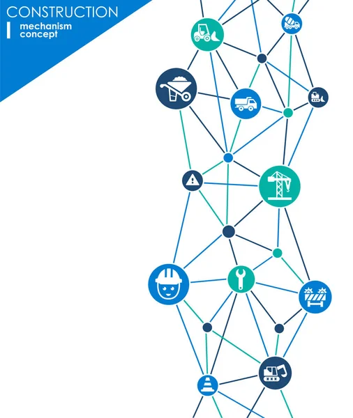 Réseau de construction. Fond abstrait hexagonal avec lignes, polygones et icônes plates intégrées. Symboles connectés pour la construction, l'industrie, l'architecture, les concepts d'ingénierie. Vecteur . — Image vectorielle