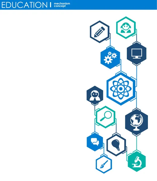 Education network. Hexagon abstract background with lines, polygons, and integrate flat icons. Connected symbols for elearning, knowledge, learn and global concepts. Vector interactive illustration. — Stock Vector