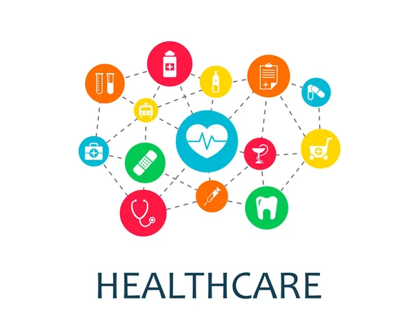 Hälso-och mekanism koncept. Abstrakt bakgrund med anslutna gears och ikoner för sjukvård, hälsa, strategi, vård, medicin, nätverk, sociala medier och globala begrepp. Vector infographic. — Stock vektor