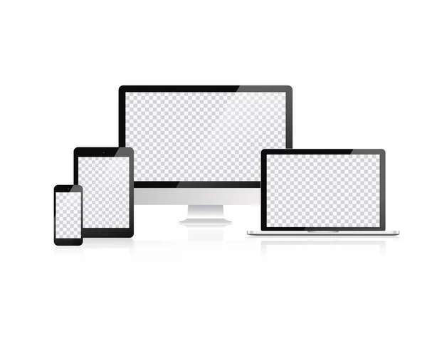Elektroniska enheter, webbdesign vektor mall med bärbar dator, surfplatta, smartphone, dator. Platt design, vektor illustration på bakgrund. — Stock vektor