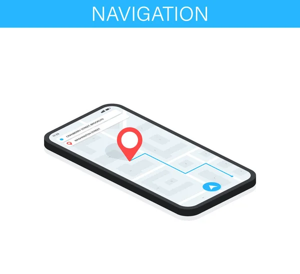 System nawigacji GPS. Aplikacja mobilna dla nawigacji. GPS smartphone tracker. Zaznaczyć na mapie. Koncepcja interfejsu aplikacji. Ilustracja wektorowa. — Wektor stockowy