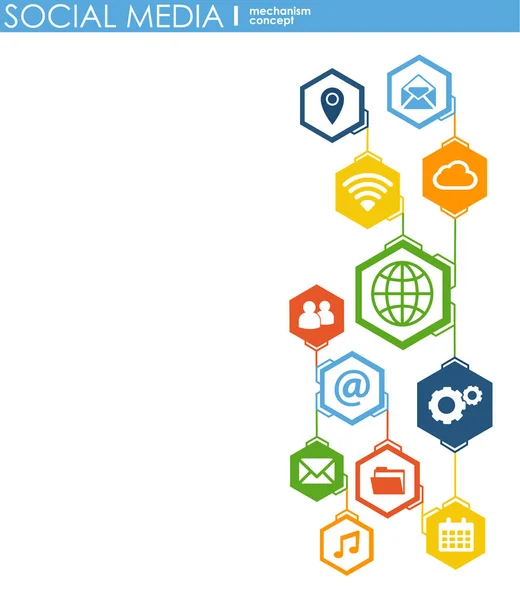 Social Media Connection Konzept. abstrakter Hintergrund mit integrierten Kreisen und Symbolen für Digital, Internet, Netzwerk, Connect, Communication, Technologie, globale Konzepte. Vektorinfograp-Abbildung. — Stockvektor