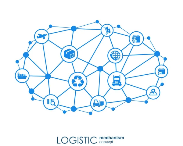 Koncepce logistiky mechanismus. distribuce, dodávka, servis, doprava, logistika, doprava, koncepty na trhu. Abstraktní pozadí s spojených objektů. Vektorové ilustrace. — Stockový vektor