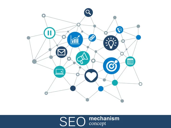 Seo-Mechanismus-Konzept. abstrakter Hintergrund mit integrierten Zahnrädern und Symbolen für Strategie, Digital, Internet, Netzwerk, Connect, Analytics, Social Media und globale Konzepte. — Stockvektor