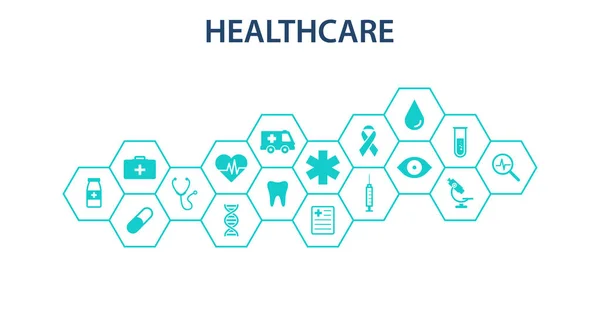 Zdravotnické koncepce. Abstraktní šestiúhelníky tvaru medicíny a vědy pozadí s ikonami pro lékařské, zdraví, strategie, péče, medicína, zdraví, kříž, dna, plakát, webového proužku. Vektorové ilustrace. — Stockový vektor