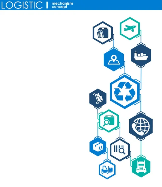 Koncepce logistiky mechanismus. distribuce, dodávka, servis, doprava, logistika, doprava, koncepty na trhu. Abstraktní pozadí s spojených objektů. Vektorové ilustrace. — Stockový vektor