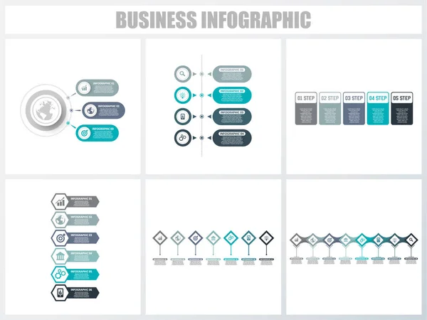 Infográficos abstratos opções de número modelo 3, 4, 5, 6, 7, 8. Ilustração vetorial. Pode ser usado para layout de fluxo de trabalho, diagrama, opções de passo de negócios de estratégia, banner e conjunto de design web . — Vetor de Stock