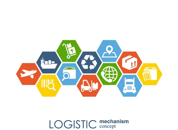 Koncepce logistiky mechanismus. distribuce, dodávka, servis, doprava, logistika, doprava, koncepty na trhu. Abstraktní pozadí s spojených objektů. Vektorové ilustrace. — Stockový vektor