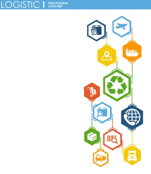 Koncepce logistiky mechanismus. distribuce, dodávka, servis, doprava, logistika, doprava, koncepty na trhu. Abstraktní pozadí s spojených objektů. Vektorové ilustrace. — Stockový vektor
