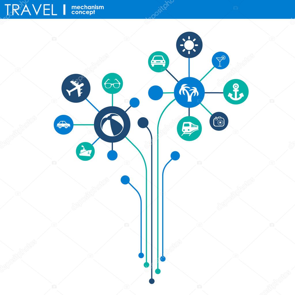 Travel mechanism. Abstract background with connected gears and integrated flat icons. Vector interactive illustration.