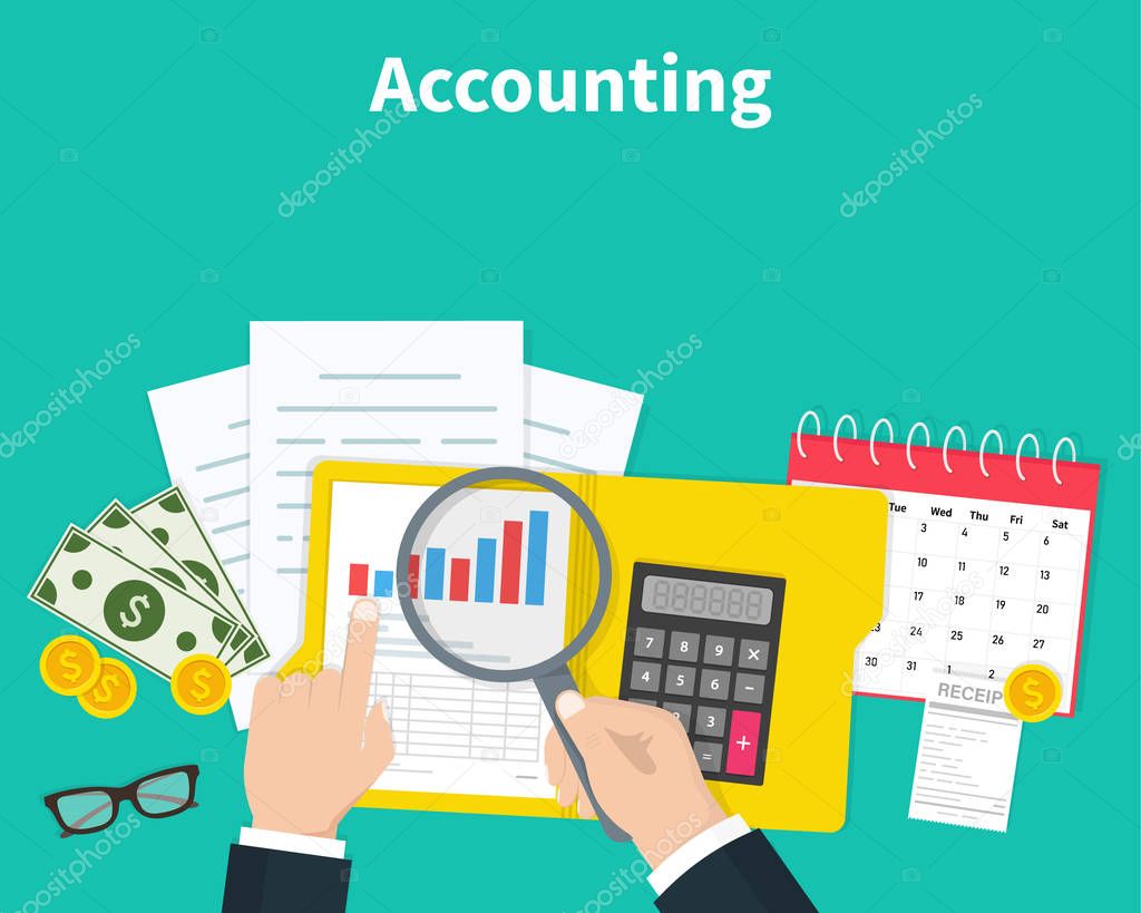 Accounting. Businessman accounting, planning strategy, analysis, marketing research, financial management. Business meeting, teamwork, brainstorming. Team of businessmen in work. Vector illustration.