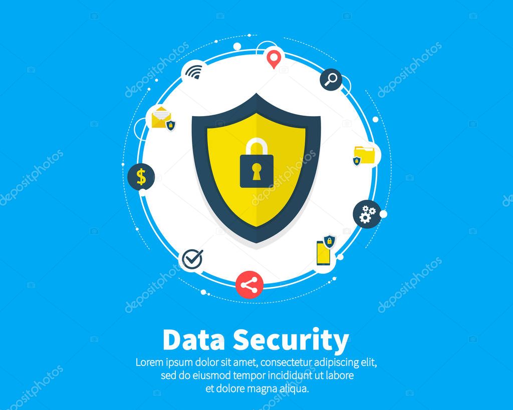 Data Security concept. Circles, integrate flat icons. Connected symbols for guard, protection, monitoring, safety or control concepts. Flat cartoon design, vector illustration on background.
