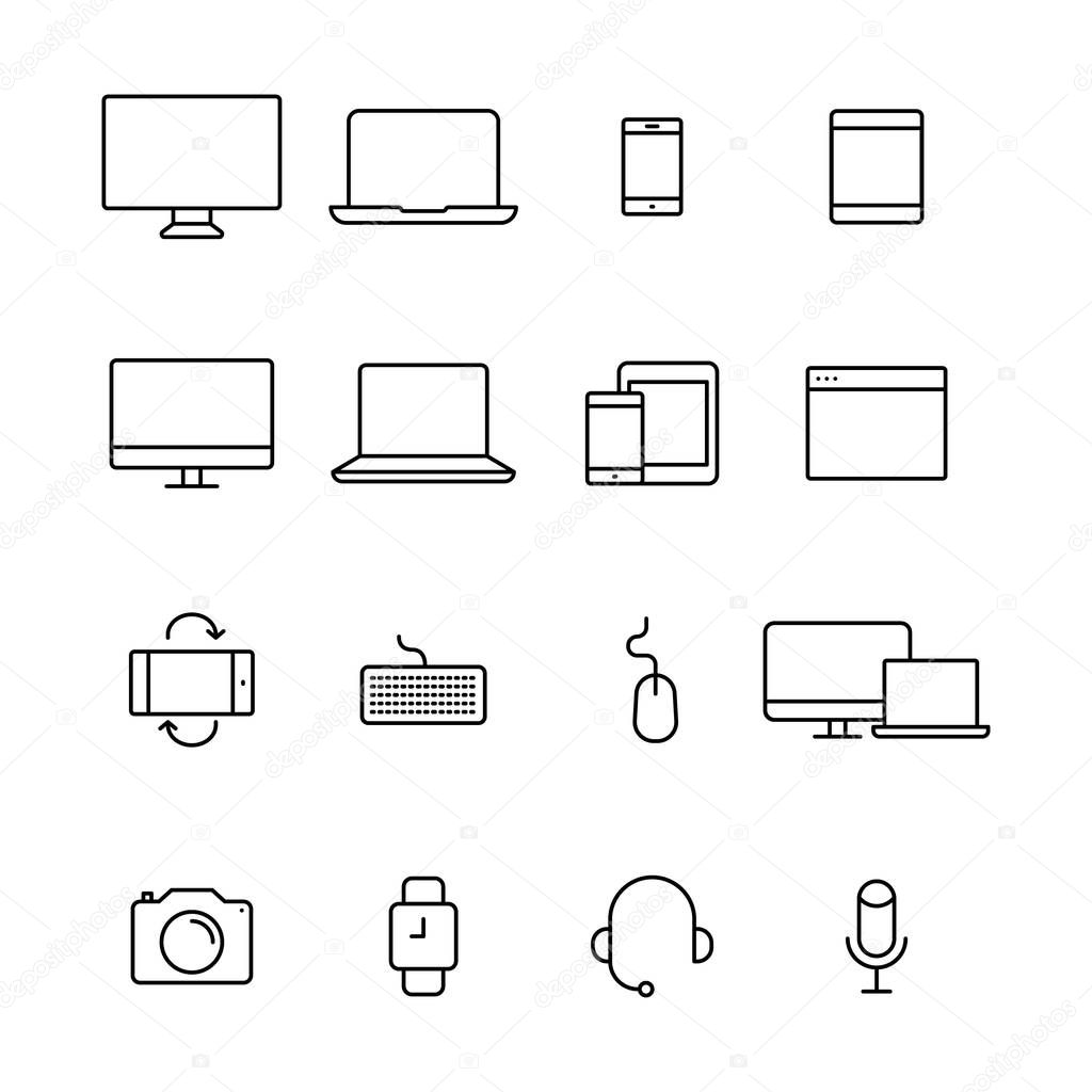 Big set of electronic devices in line design. Compact personal computer, smartphone, mobile phone, laptop. Vector Illustration.