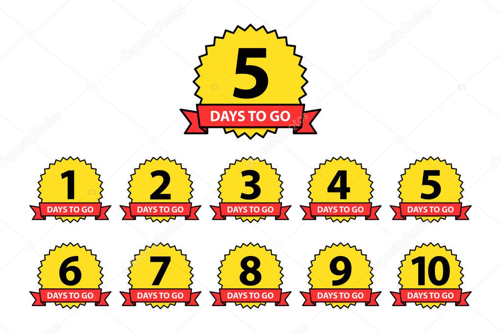 Number 1, 2, 3, 4, 5, 6, 7, 8, 9, 10, of days left to go. Collection badges sale, landing page, banner.