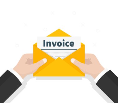 Adam elinde faturayı zarfiçinde tutuyor. E-posta iletisi. Resmi belge postayla alınır. Faturayı kontrol ediyorum. Düz tasarım, arka planda vektör çizimi.