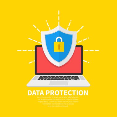 Veri Koruma düz illüstrasyon kavramı. Kalkan lı ve kilitli dizüstü bilgisayar. Düz karikatür tasarımı, arka planda vektör illüstrasyon.