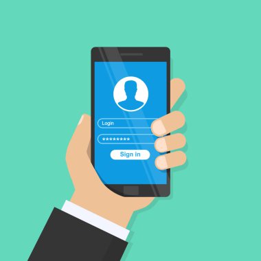 Giriş formu sayfası. Kayıt, kimlik doğrulama, yetkilendirme kavramları. El akıllı telefonu tutar ve parmak ekrana dokunur. Düz karikatür tasarımı, arka planda vektör illüstrasyon.