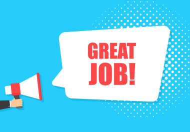 Harika bir konuşma baloncuğu olan erkek el megafonu. Hoparlör. İş, pazarlama ve reklam afişi. Vektör illüstrasyonu.