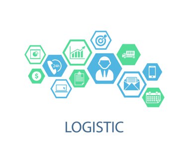 Lojistik mekanizması kavramı. dağıtım, teslimat, nakliye, Lojistik, hizmet, ulaşım, piyasa kavramları. Arka plan ile bağlı nesneleri. Vektör çizim.