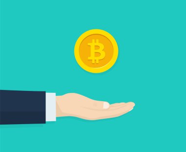 Bitcoin elinde işadamı biyometrik tasarım. Zengin insanlar. Vermek, para almak. Sadaka kavramı. Vektör çizimi.