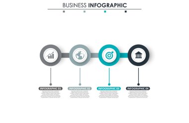 İş verileri, grafik. Grafiğin soyut öğeleri, 4 adımlı diyagram, strateji, seçenekler, parçalar veya süreçler. Sunu için vektör iş şablonu. Bilgi grafiği için yaratıcı konsept.