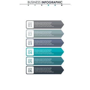 İş verileri, grafik. Grafiğin soyut öğeleri, 6 adımlı diyagram, strateji, seçenekler, parçalar veya süreçler. Sunu için vektör iş şablonu. Bilgi grafiği için yaratıcı konsept.