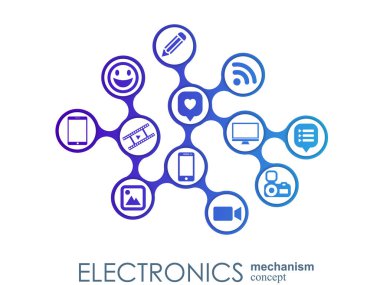 Elektronik mekanizma. Arka plan bağlı ve tümleşik düz simgeler. Bağlı sembolleri Monitor, telefon. Etkileşimli vektör çizim.