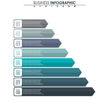İş verileri, grafik. Grafiğin soyut öğeleri, 8 adımlı diyagram, strateji, seçenekler, parçalar veya süreçler. Sunu için vektör iş şablonu. Bilgi grafiği için yaratıcı konsept.