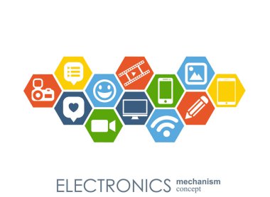 Elektronik mekanizma. Arka plan bağlı ve tümleşik düz simgeler. Bağlı sembolleri Monitor, telefon. Etkileşimli vektör çizim.